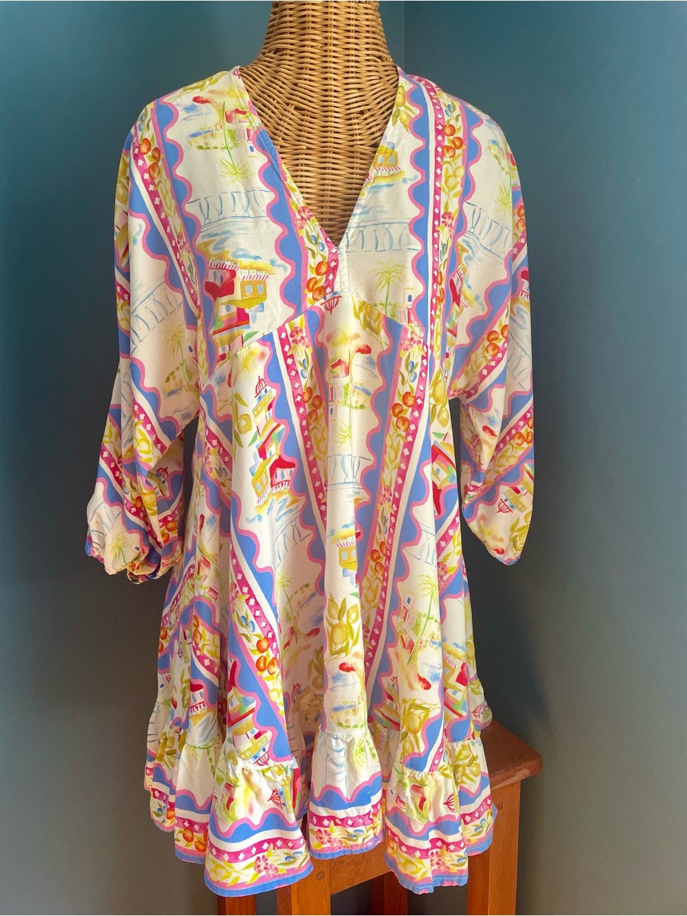 Label of Love Wavey Stripe Coastal Resort Boho Mini Dress Ruffle Hem Size Medium